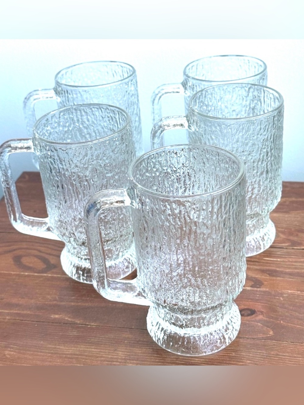 INDIANA GLASS COMPANY- SET ICE BARK FOOTED GLASS MUGS - MID-CENTURY MODERN - VTG